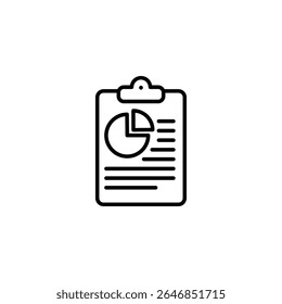 Ícone simples de uma área de transferência com um gráfico de pizza e dados para relatórios de negócios.