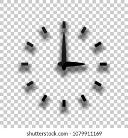 Simple icon of clock. Black glass icon with soft shadow on transparent background