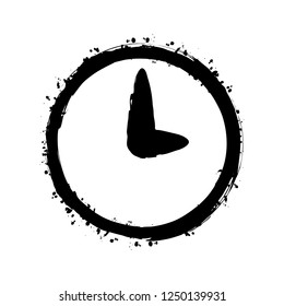 Simple icon of clock. Black ink with splashes on white background