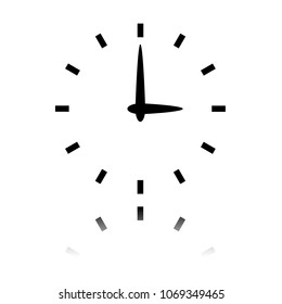 Simple icon of clock. Black icon with mirror reflection on white