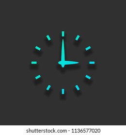 Simple icon of clock. Colorful logo concept with soft shadow on dark background. Icon color of azure ocean