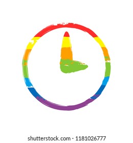 Simple icon of clock. Drawing sign with LGBT style, seven colors of rainbow (red, orange, yellow, green, blue, indigo, violet