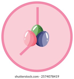 simple icon of a clock with an Easter design, namely with colorful Easter eggs located in the middle of the clock, for various designs, posters or banners