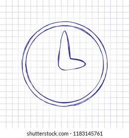 Simple icon of clock. Hand drawn picture on paper sheet. Blue ink, outline sketch style. Doodle on checkered background