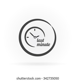 Simple icon of clock with last minute text in circle with shadow.