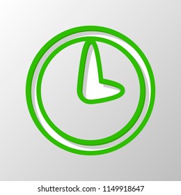 Simple icon of clock. Paper style. Cut symbol with green bold contour on shape and simple shadow