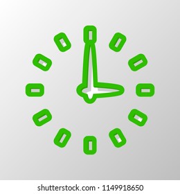 Simple icon of clock. Paper style. Cut symbol with green bold contour on shape and simple shadow