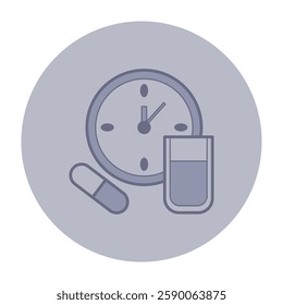 Simple icon of clock, pill, and glass of liquid, symbolizing medication timing and health management. Timely medication concept