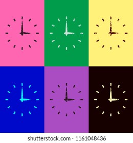 Simple icon of clock. Pop art style. Scratched icons on 6 colour backgrounds. Seamless pattern