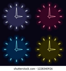 Simple icon of clock. Set of fashion neon sign. Casino style on dark background. Seamless pattern