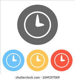 Simple icon of clock. Set of white icons on colored circles