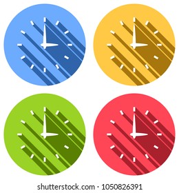 Simple icon of clock. Set of white icons with long shadow on blue, orange, green and red colored circles. Sticker style