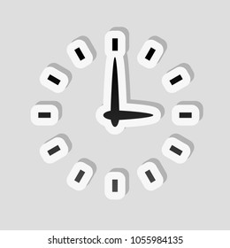 Simple icon of clock. Sticker style with white border and simple shadow on gray background