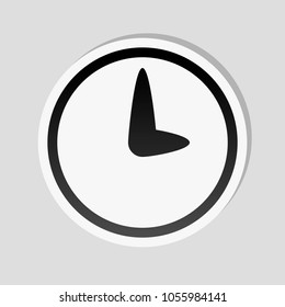 Simple icon of clock. Sticker style with white border and simple shadow on gray background