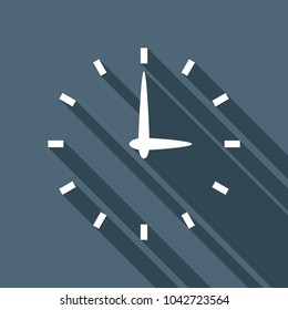 Simple icon of clock. White flat icon with long shadow on background