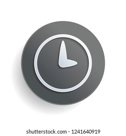 Simple icon of clock. White paper symbol on gray round button with shadow