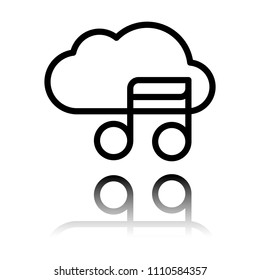 Simple icon with cloud and musical note. Linear symbol, thin outline. Black icon with mirror reflection on white background