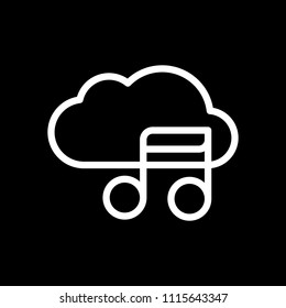 Simple icon with cloud and musical note. Linear symbol, thin outline. White icon on black background. Inversion