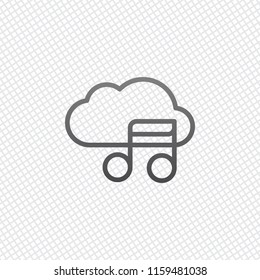 Simple icon with cloud and musical note. Linear symbol, thin outline. On grid background