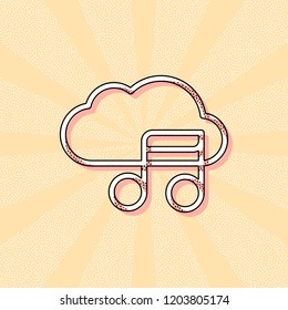 Simple icon with cloud and musical note. Linear symbol, thin outline. Vintage retro typography with offset printing effect. Dots poster with comics pop art background