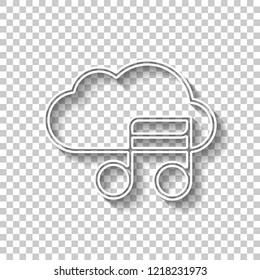 Simple icon with cloud and musical note. Linear symbol, thin outline. White outline sign with shadow on transparent background
