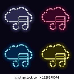 Simple icon with cloud and musical note. Linear symbol, thin outline. Set of neon sign. Casino style on dark background. Seamless pattern