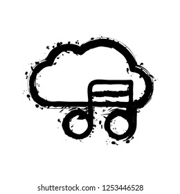 Simple icon with cloud and musical note. Linear symbol, thin outline. Black ink with splashes on white background