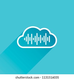 Simple icon with cloud and sound equalizer wave. Thin outline. Gray icon with long shadow in bottom left corner on blue background