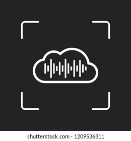 Simple icon with cloud and sound equalizer wave. Thin outline. White object in camera autofocus on dark background