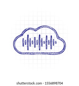 Simple icon with cloud and sound equalizer wave. Thin outline. Hand drawn sketched picture with scribble fill. Blue ink. Doodle on white background