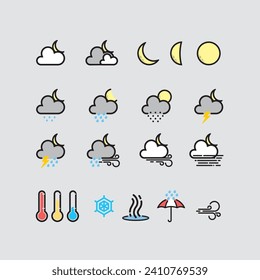 Einfaches Icon-Kollektionspaket im Umriss-Stil verschiedener Nachtwetterbedingungen
