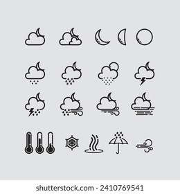 Paquete simple de colección de iconos con un estilo de contorno de varias condiciones meteorológicas nocturnas