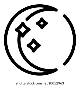 Simple icon of a crescent moon with three four pointed stars shining in the night sky