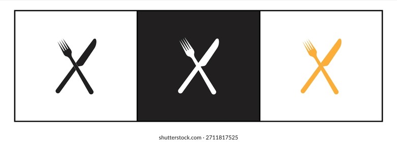 Icono simple del tenedor cruzado y del cuchillo que representa el concepto limpio y minimalista del restaurante o del servicio de la comida, Ilustración vectorial