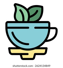 Simple icon of a cup filled with a steaming herbal tea, decorated with fresh mint leaves