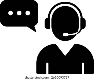 A simple icon of a customer service representative with a headset and speech bubble.