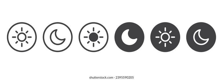 Simple icon of Day and night, dark and light modes. Screen brightness and contrast level control icons. Day night switch. Vector Illustration