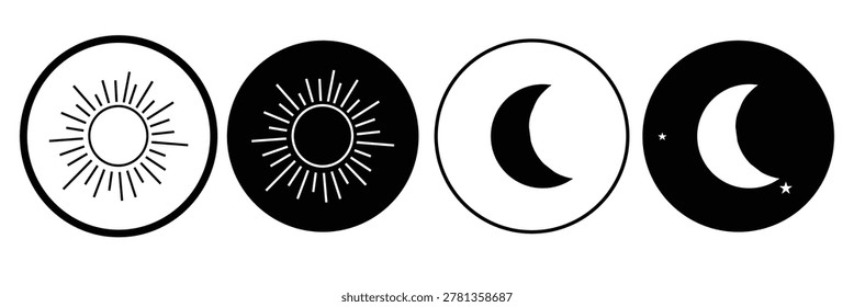 Simple icon of Day and night, dark and light modes. Screen brightness and contrast level control icons. Day night switch. Simple icon of Day and night, dark and light modes. Screen brightness and contrast level control icons. Day night switch. white background, EPS10 