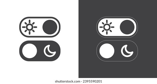 Einfache Ikone des Tages- und Nachtmodus-Switchers. Tag- und Nachtmodus-Schalter, Vektorflachsymbole einzeln auf schwarz-weißem Hintergrund. Symbole im Dunkeln- und im Lichtmodus.