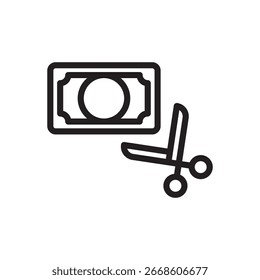 Un icono simple que representa un billete cortado por tijeras; simbolizando la reducción de costos.