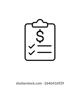 Un icono simple que representa una lista de verificación con un signo de dólar, que representa la planificación financiera.