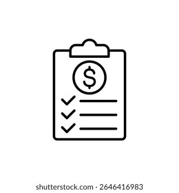 Um ícone simples que representa uma lista de verificação com um cifrão, ideal para aplicativos financeiros ou documentos.