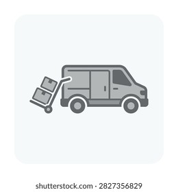 A simple icon depicting a delivery van with a cargo cart loaded with boxes next to it.