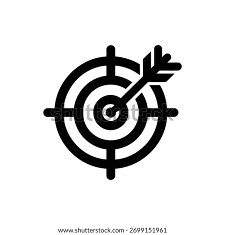 Simple icon depicting a direct hit. Black target with a single arrow piercing through its center. Precision, success and achievement concepts.