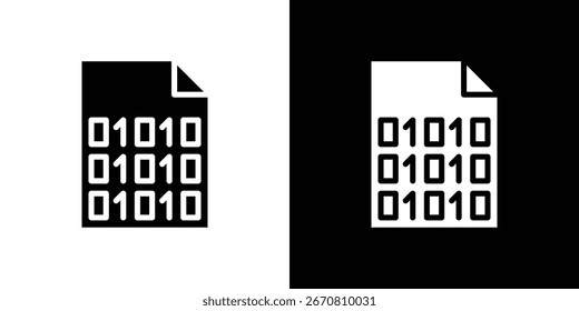 Un icono simple que representa un documento lleno de código binario, aislado en un fondo blanco. Perfecto para conceptos digitales.