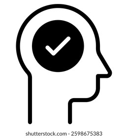 A simple icon depicting a head with a checkmark, symbolizing mental health and clarity.