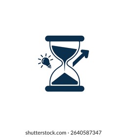 Simple icon depicting an hourglass, a lightbulb, and an upward arrow, symbolizing progress and innovative ideas. Isolated on white background.