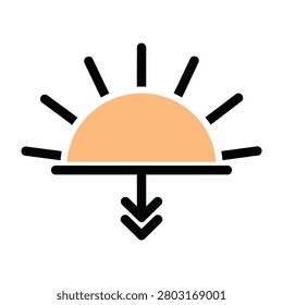 A simple icon depicting a sunset with a downward arrow, suggesting a decrease or decline in a concept or value, with a clean and minimalist design.