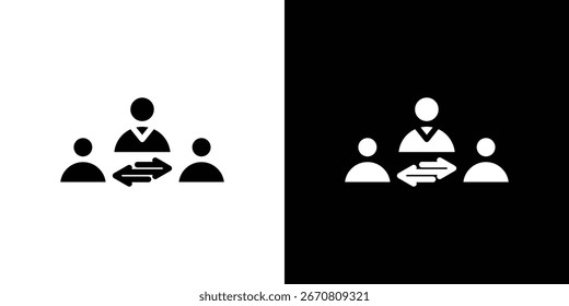 Simple icon depicting teamwork and data exchange between team members and a leader. Available in black and white.