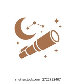 Un simple icono que representa un telescopio apuntando hacia una luna y estrellas, en un tono marrón.